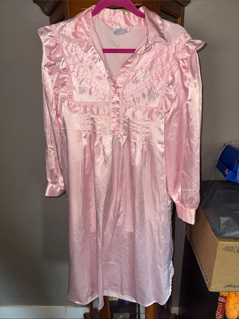 Women's Pink Satin Nightgown with Ruffle Trim